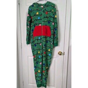 Derek Heart Christmas Tree Hooded One Piece Pajamas Womens Medium Green Pockets